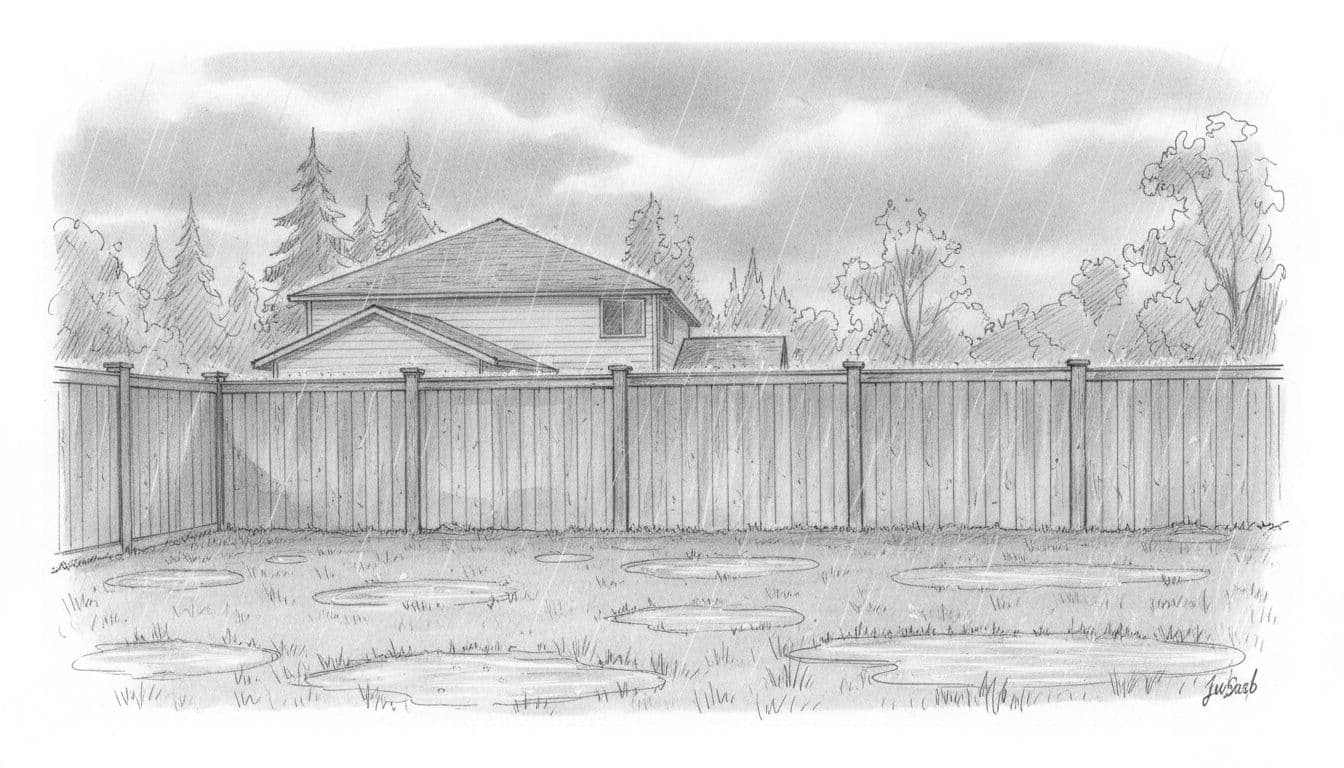 Hand-drawn grayscale sketch of a rainy suburban backyard in the Pacific Northwest with a tall intact privacy fence, puddles on grass, overcast sky, and light drizzle, highlighting Oregon weather effects on yard conditions.