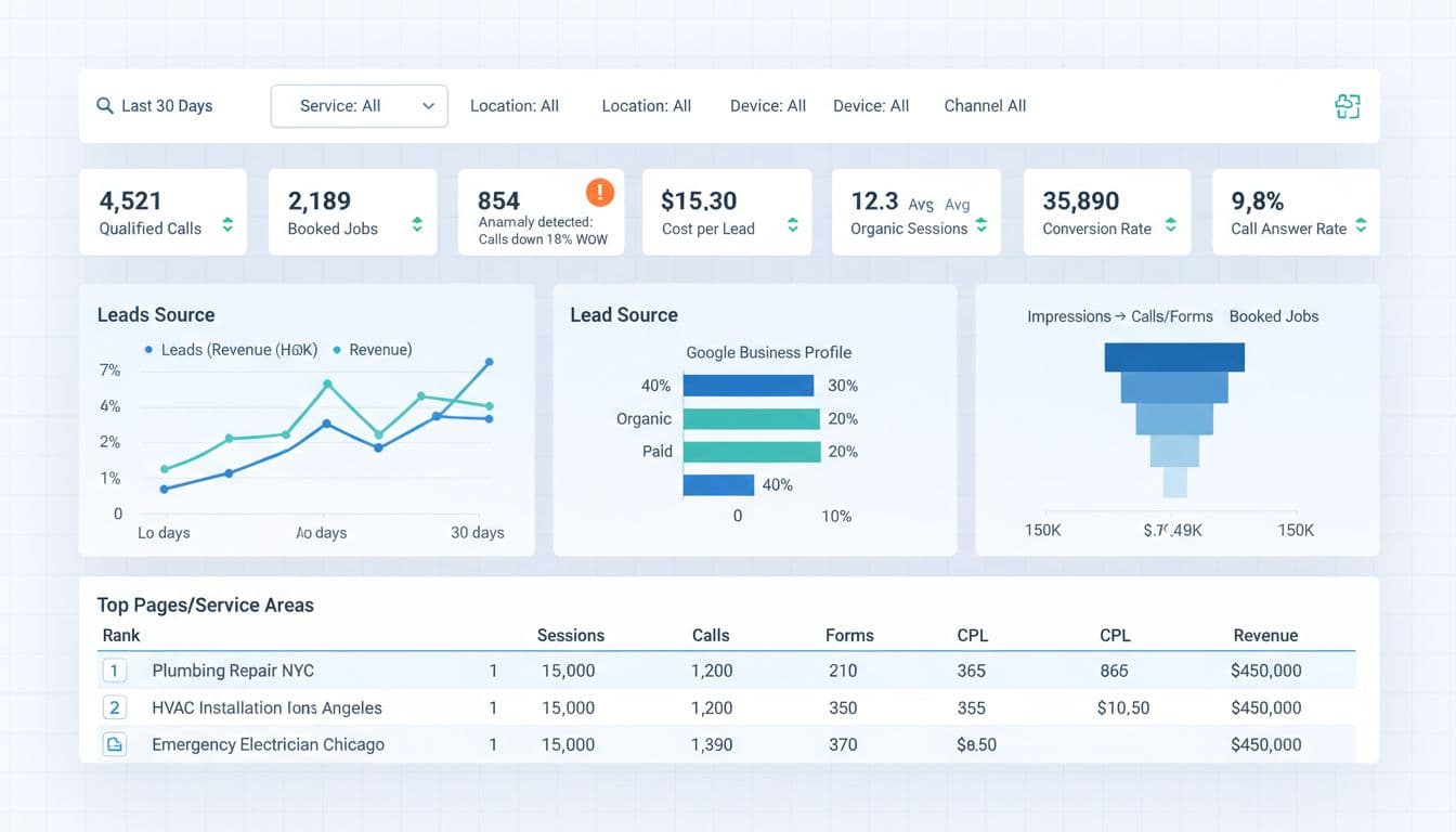 High-resolution, realistic SaaS-style UI mockup of a real-time pay-for-performance SEO KPI dashboard tailored for home services like plumbing, HVAC, and electrical. Features KPI cards for leads, revenue, ROI, interactive charts, filters, a performance table, and an anomaly alert badge in a clean modern design with blue-teal accents.
