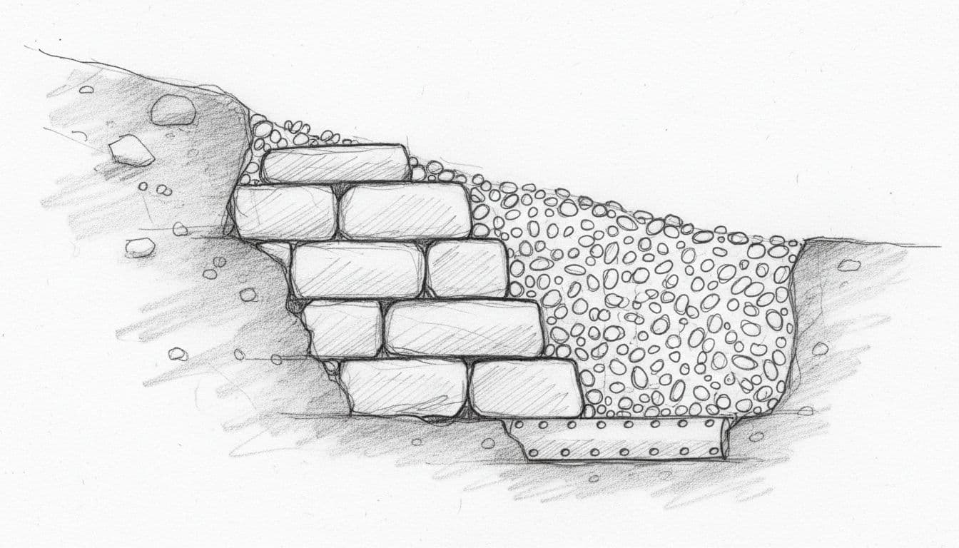 A graphite sketch showing a retaining wall structure with drainage gravel and a collection pipe.