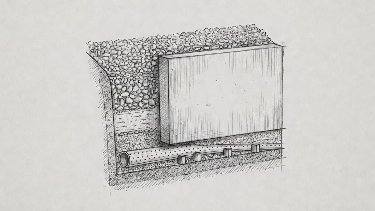 A graphite sketch on gray paper illustrates a structural retaining wall. The cross-section highlights backfill stone, a perforated base drain pipe, and circular weep holes designed to alleviate soil pressure.