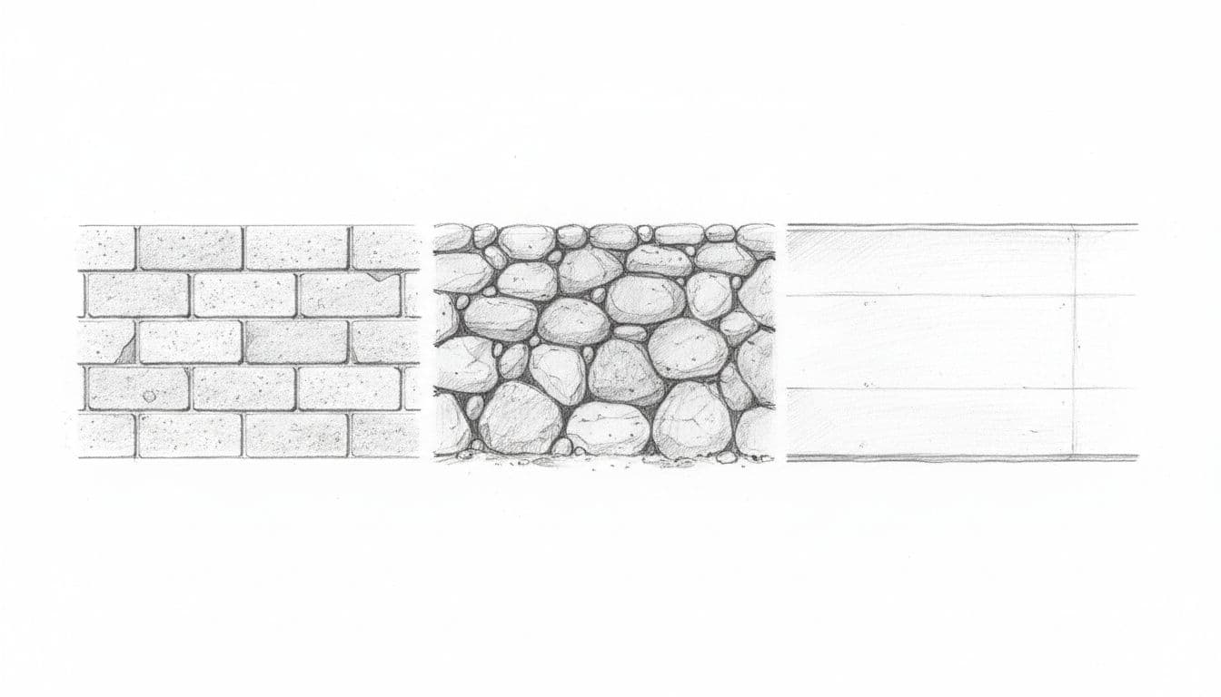 A graphite drawing illustrates three different retaining wall surfaces featuring concrete blocks, field stones, and poured concrete.