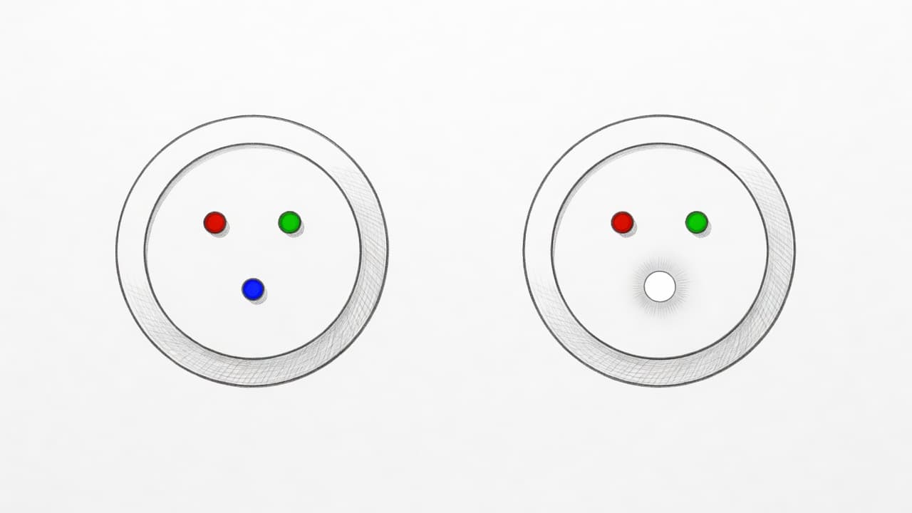 A graphite sketch displays two circular LED nodes side-by-side. The left node features three colored dots, while the right node includes four dots, adding a larger white light source for illumination.