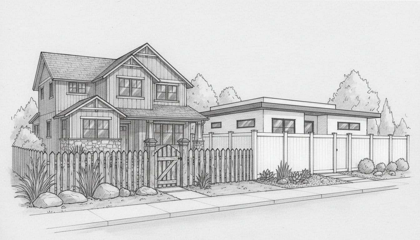 Two adjacent suburban homes side-by-side: left with natural wood picket fence matching rustic style, right with sleek vinyl privacy fence suiting modern clean look, in hand-drawn grayscale sketch from street level.