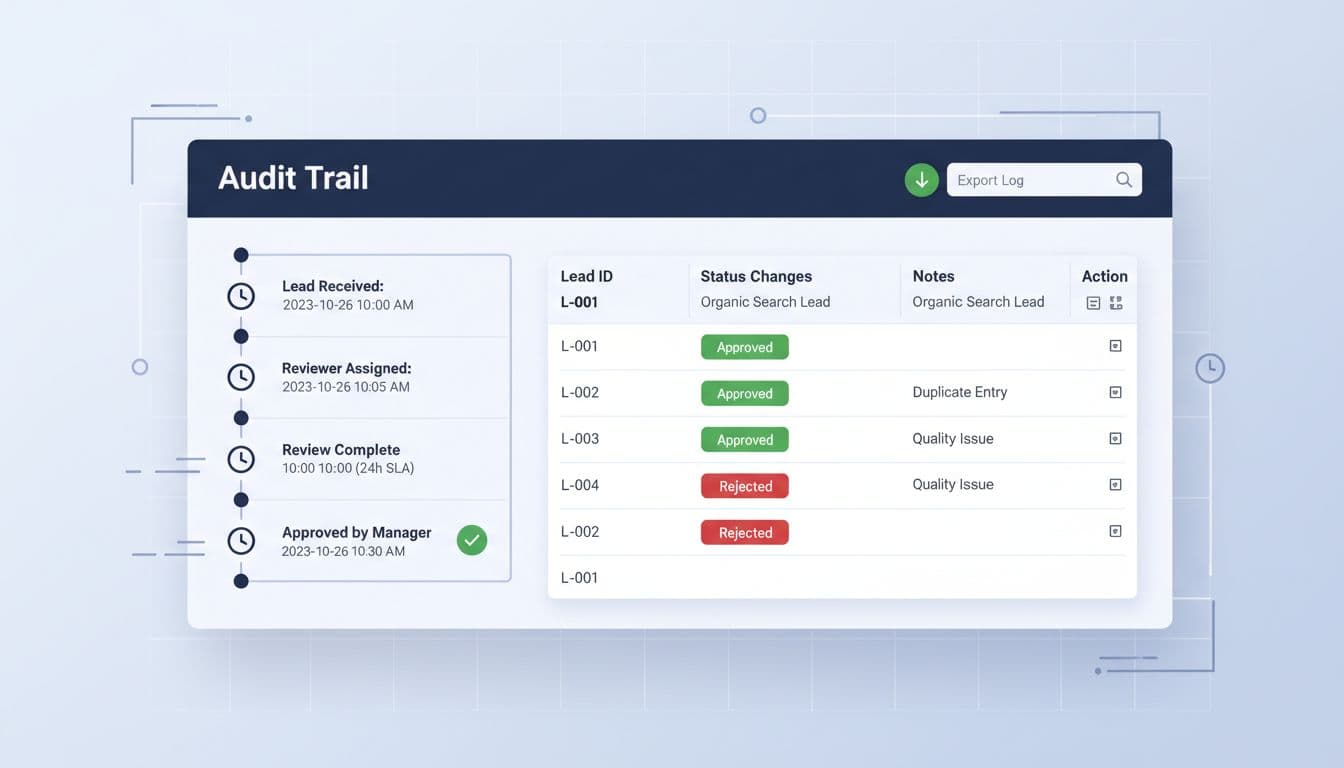 Audit trail dashboard illustration for lead dispute logging
