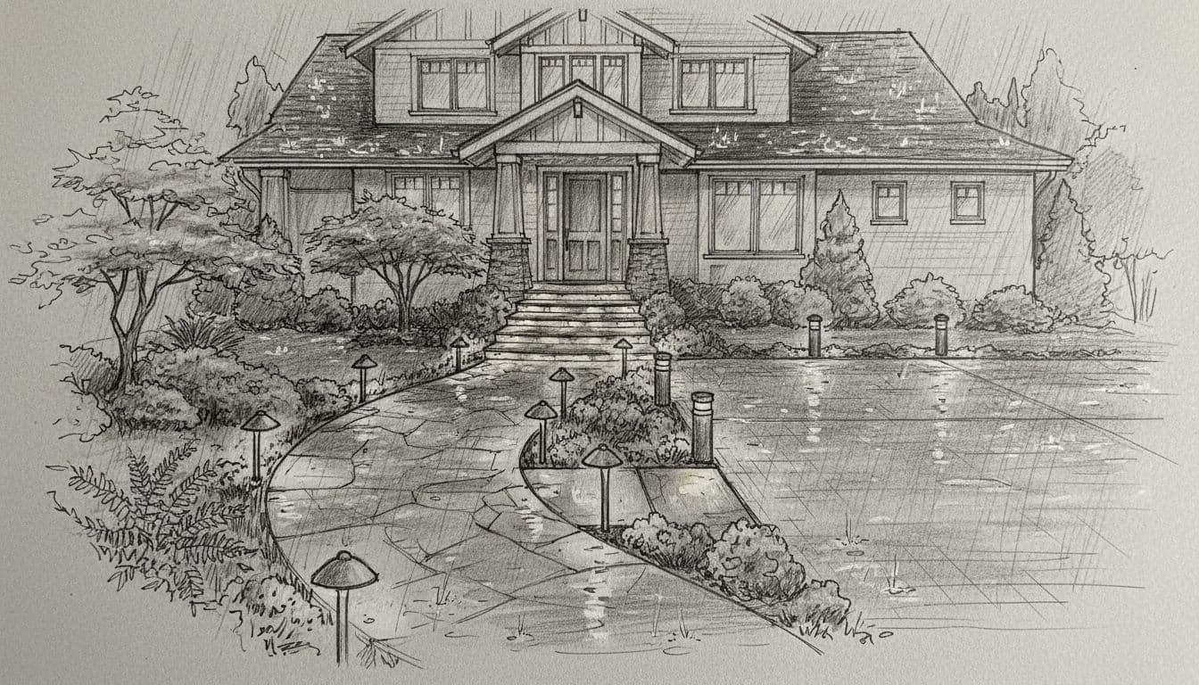 Curved stone walkway leading to a suburban home front door at night, with soft path lights, illuminated steps and driveway via bollard lights, subtle rain on wet surfaces evoking a cozy Pacific Northwest evening. Hand-drawn graphite sketch style with light shading on clean light gray paper, monochromatic.