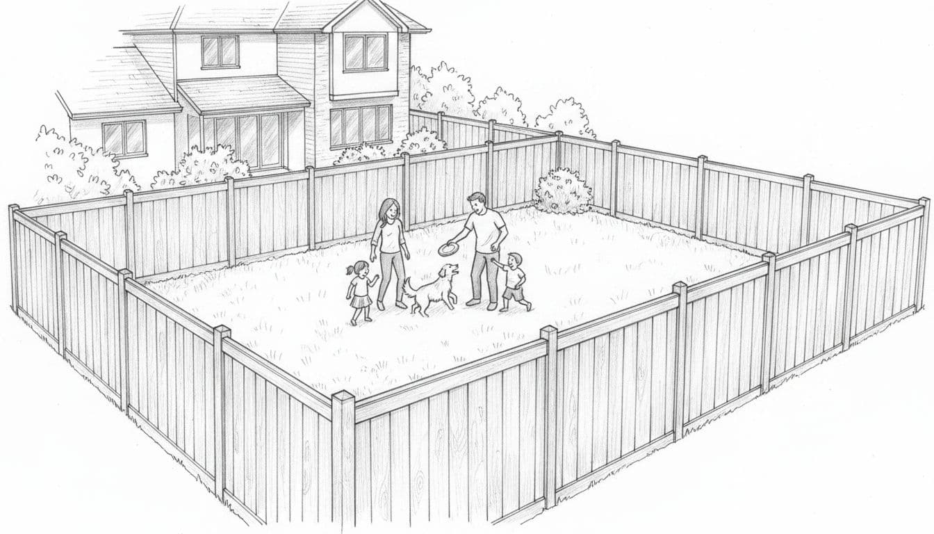 Hand-drawn graphite sketch of a cozy suburban backyard with tall wooden privacy fence enclosing a grassy play area where a family of two adults, two children, and one dog play safely, viewed from the street with curb-appealing house in background.