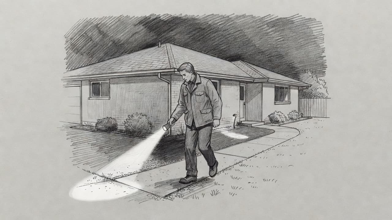 A graphite drawing depicts a person traversing the exterior of a suburban home at night while holding a bright flashlight. They methodically inspect dark corners and garden paths for placement.