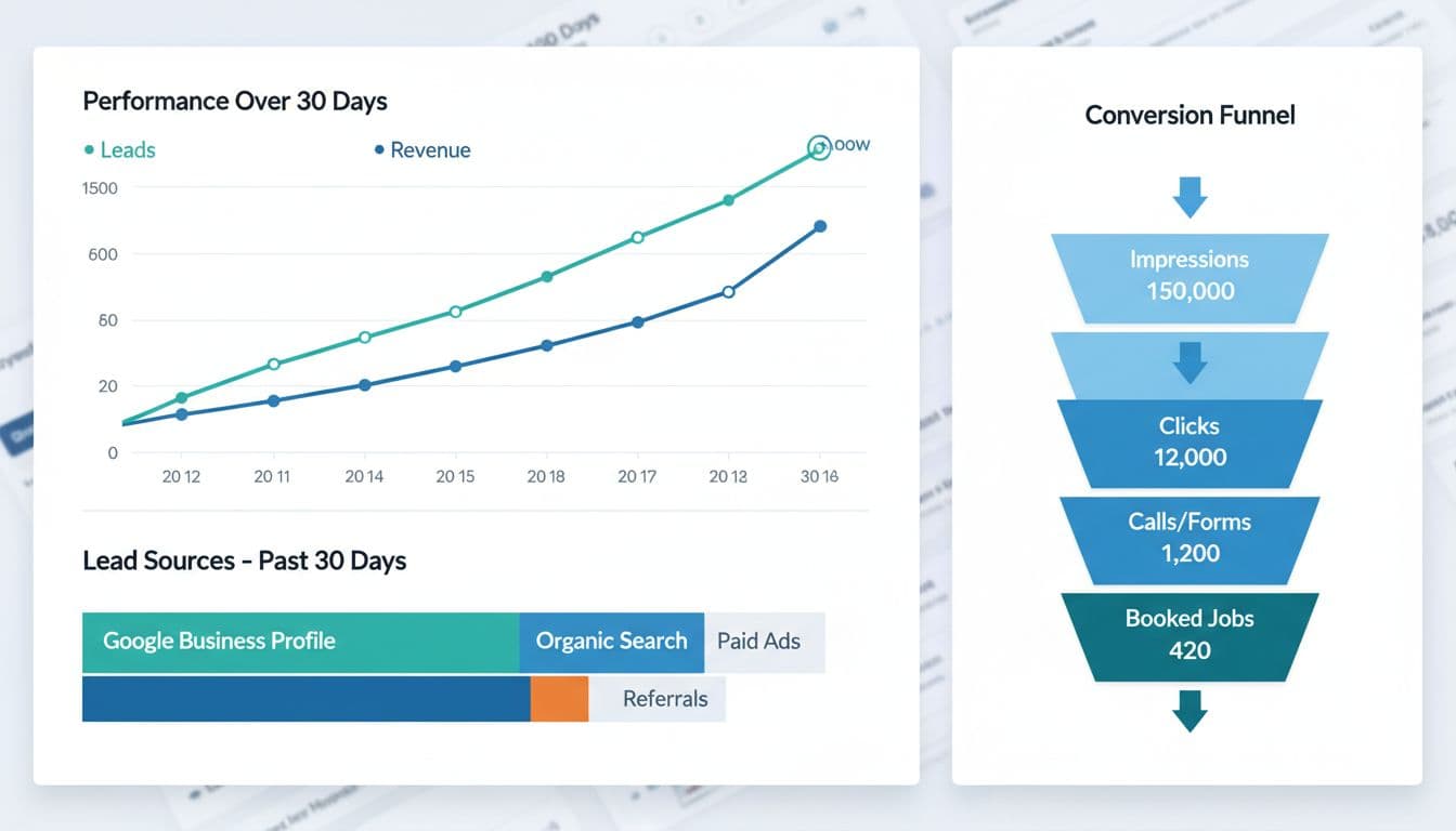 High-resolution realistic SaaS-style charts section mockup for a real-time SEO KPI dashboard in home services business, featuring time-series line charts for leads and revenue, stacked bar chart for lead sources, and conversion funnel.