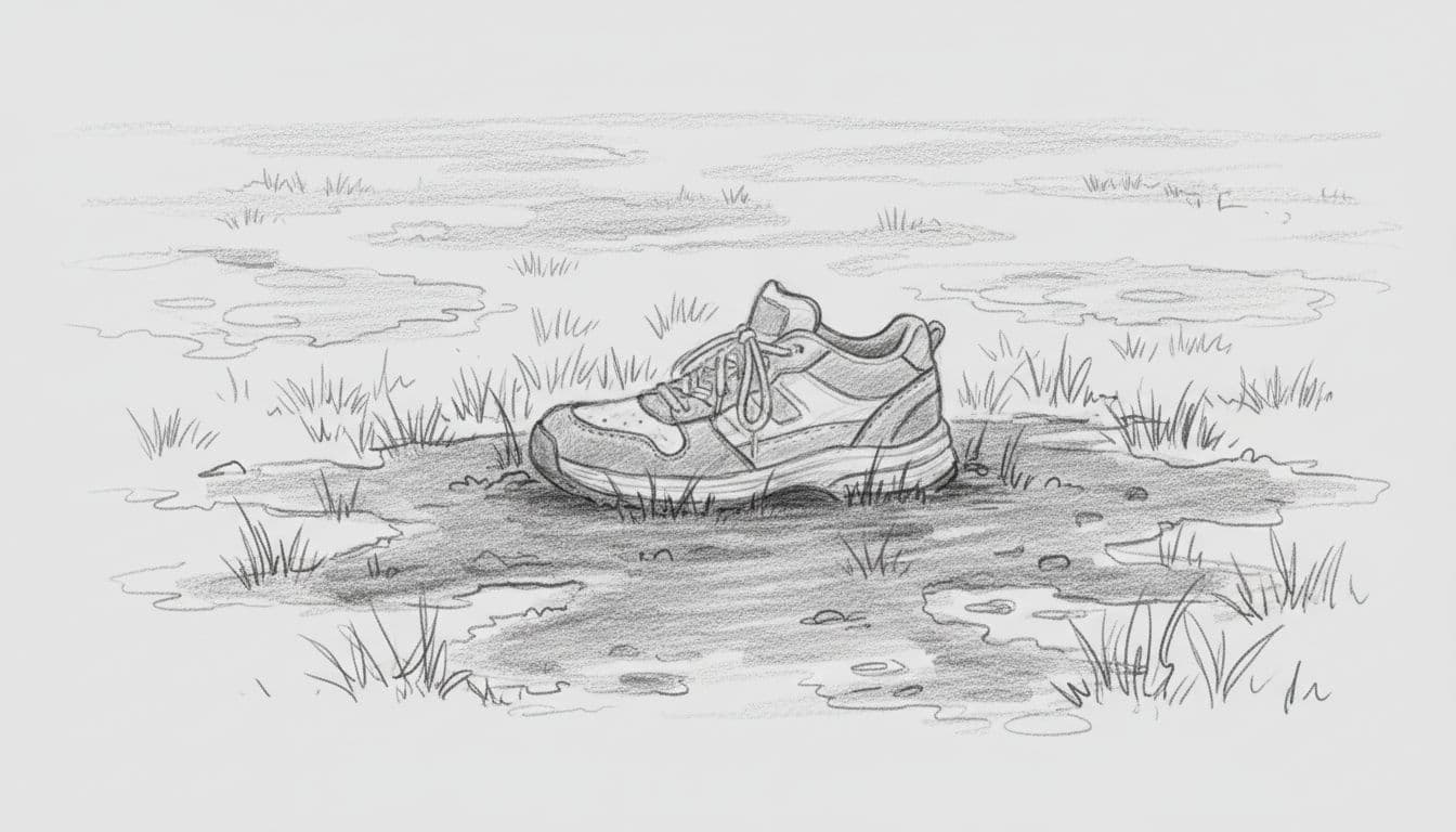 Hand-drawn graphite sketch of a person's shoe sinking into spongy muddy lawn with uneven wet grass on a light gray background.
