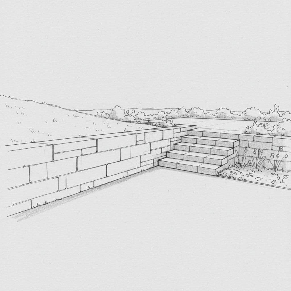 A pencil sketch illustrates a sloped yard redesigned with structured stone retaining walls and wide garden steps.