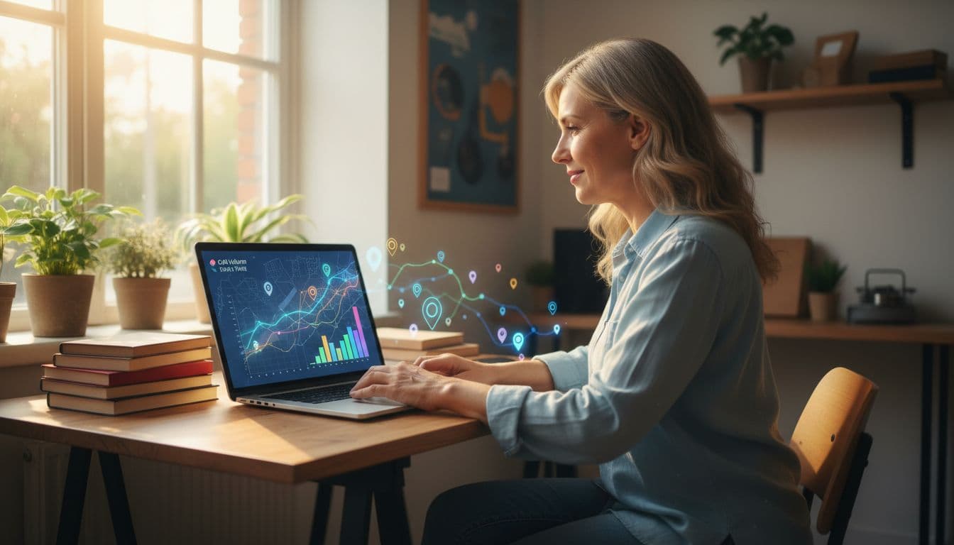 A middle-aged small business owner sits relaxed at a desk in a bright local shop office, viewing colorful graphs of incoming phone calls and local map markers for SEO traffic sources on a laptop screen, under warm natural daylight.