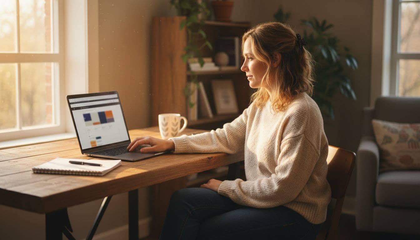 Small business owner sitting at wooden desk in home office, typing on laptop to optimize a service page for SEO. Laptop screen shows blurred webpage editor, coffee mug and notebook nearby, natural daylight, warm tones, realistic photo.