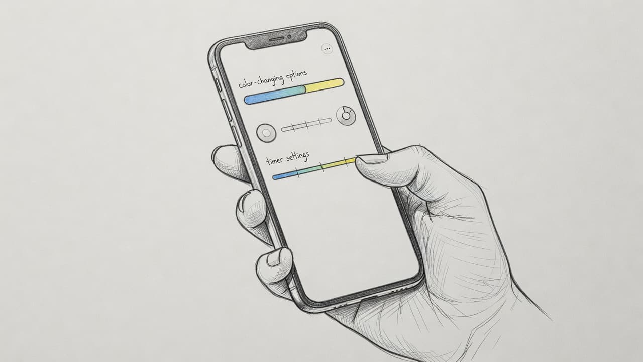 A close-up graphite illustration features a hand holding a smartphone displaying circular color wheels and timer sliders. Fine linework and subtle shading appear on the textured light gray paper surface.