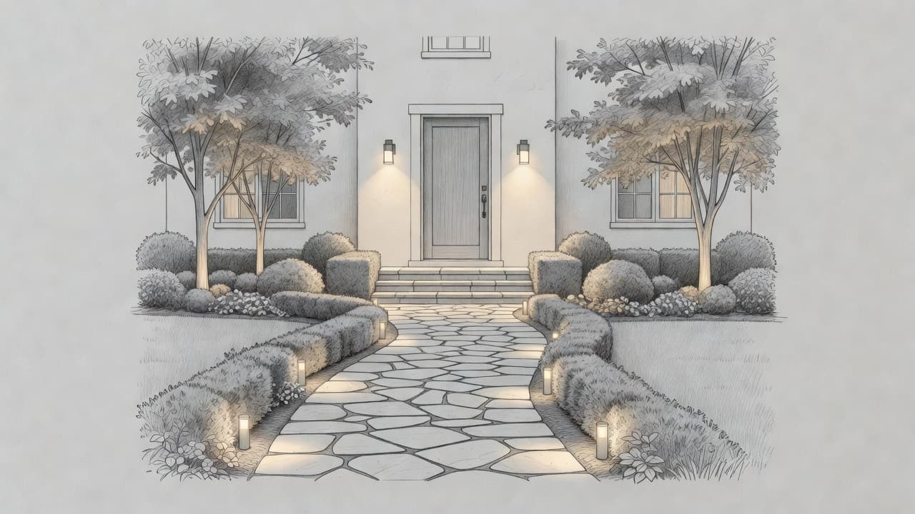 A detailed graphite drawing depicts a welcoming home facade with warm, layered lighting. Wall sconces illuminate the porch while subtle landscape lights cast soft glows on the surrounding ornamental trees.