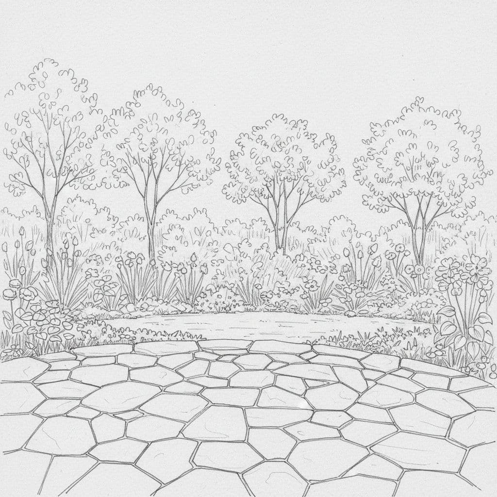 A graphite drawing depicts a stone patio transitioning into a lush backyard garden with trees and shrubs.