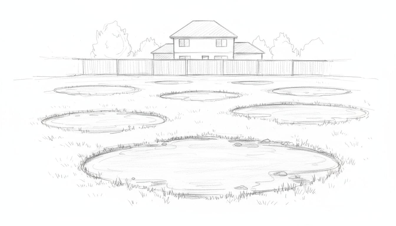 Hand-drawn graphite sketch of a suburban backyard after rain, featuring multiple large puddles in low spots on flat grass with soggy edges and poor drainage, viewed from yard level with distant fence and house.