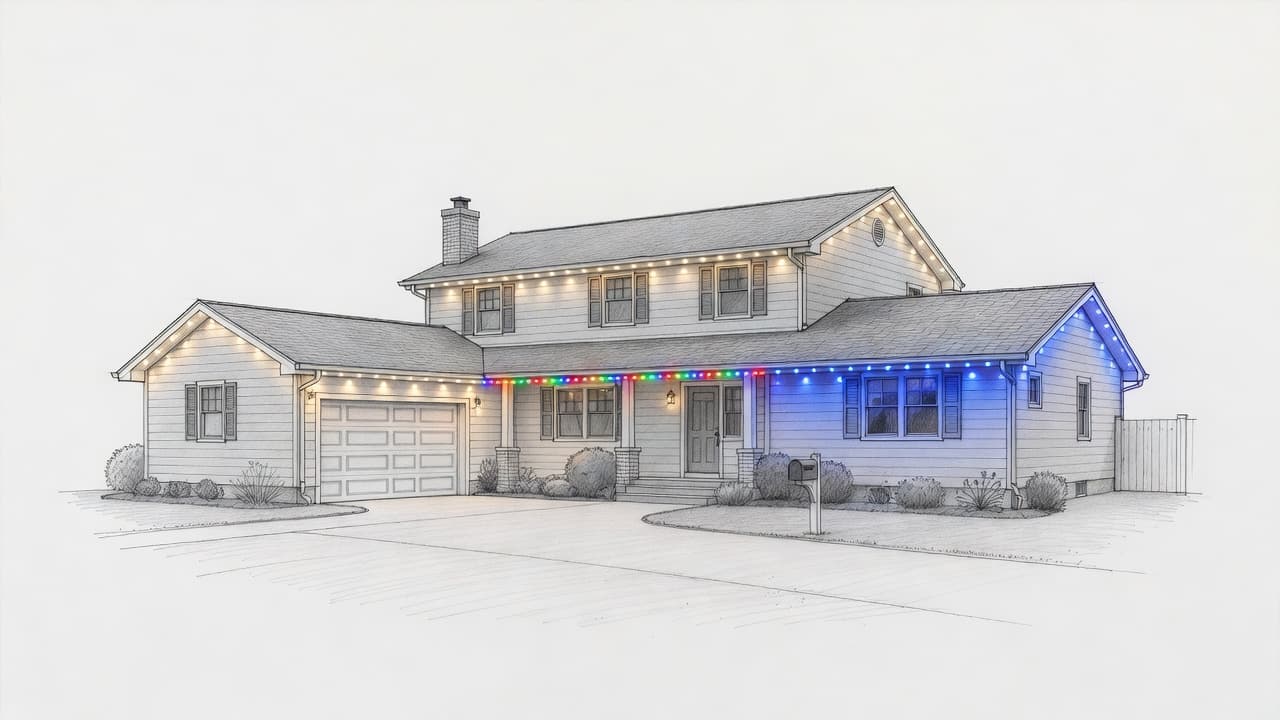 A detailed graphite sketch depicts a suburban house at night featuring rooflines illuminated by various colored LED nodes. The drawing displays warm white, festive multicolored, and solid team-colored lighting configurations.