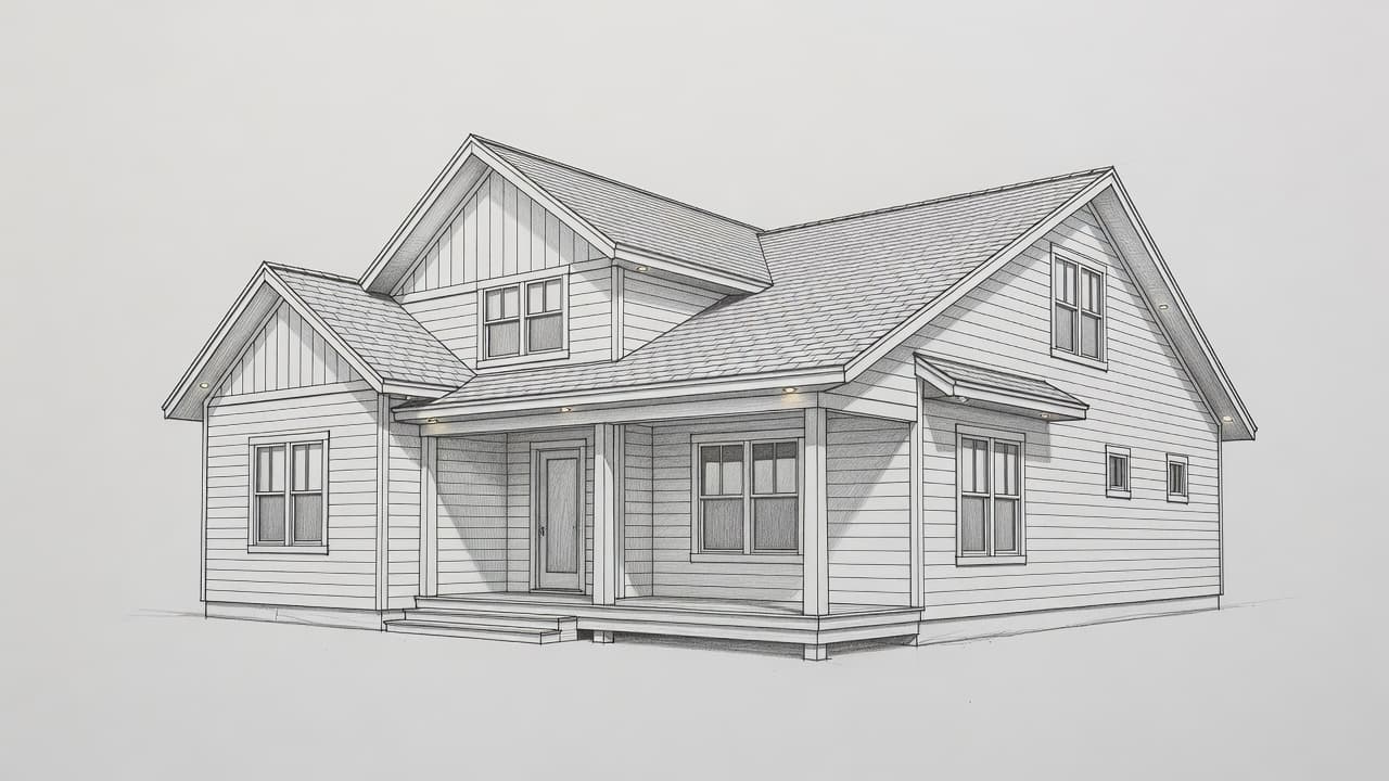 A detailed graphite drawing of a modern house exterior features discreet LED fixtures neatly installed along the roofline soffit. The artistic linework captures architectural depth against a clean light gray background.