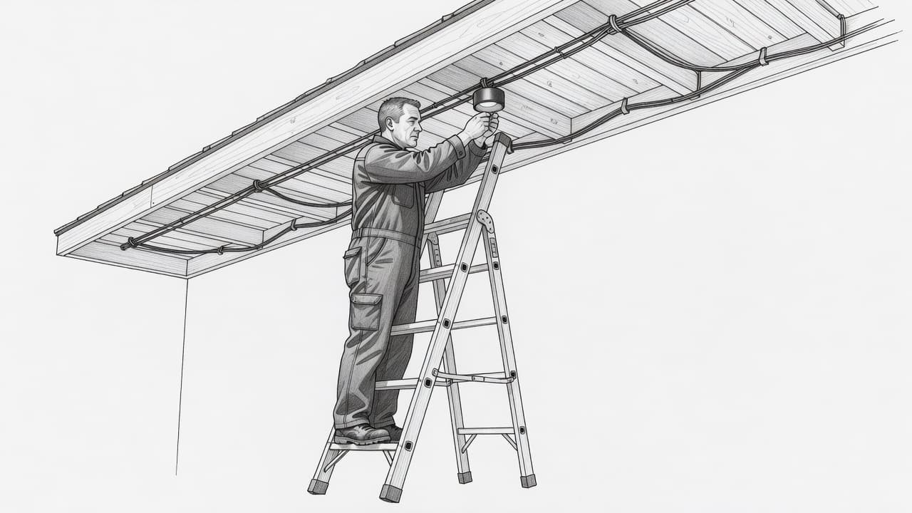 A graphite sketch depicts a technician standing on a secure ladder while installing permanent light nodes under a roof soffit. The focus remains on precise wiring and safe construction practices.
