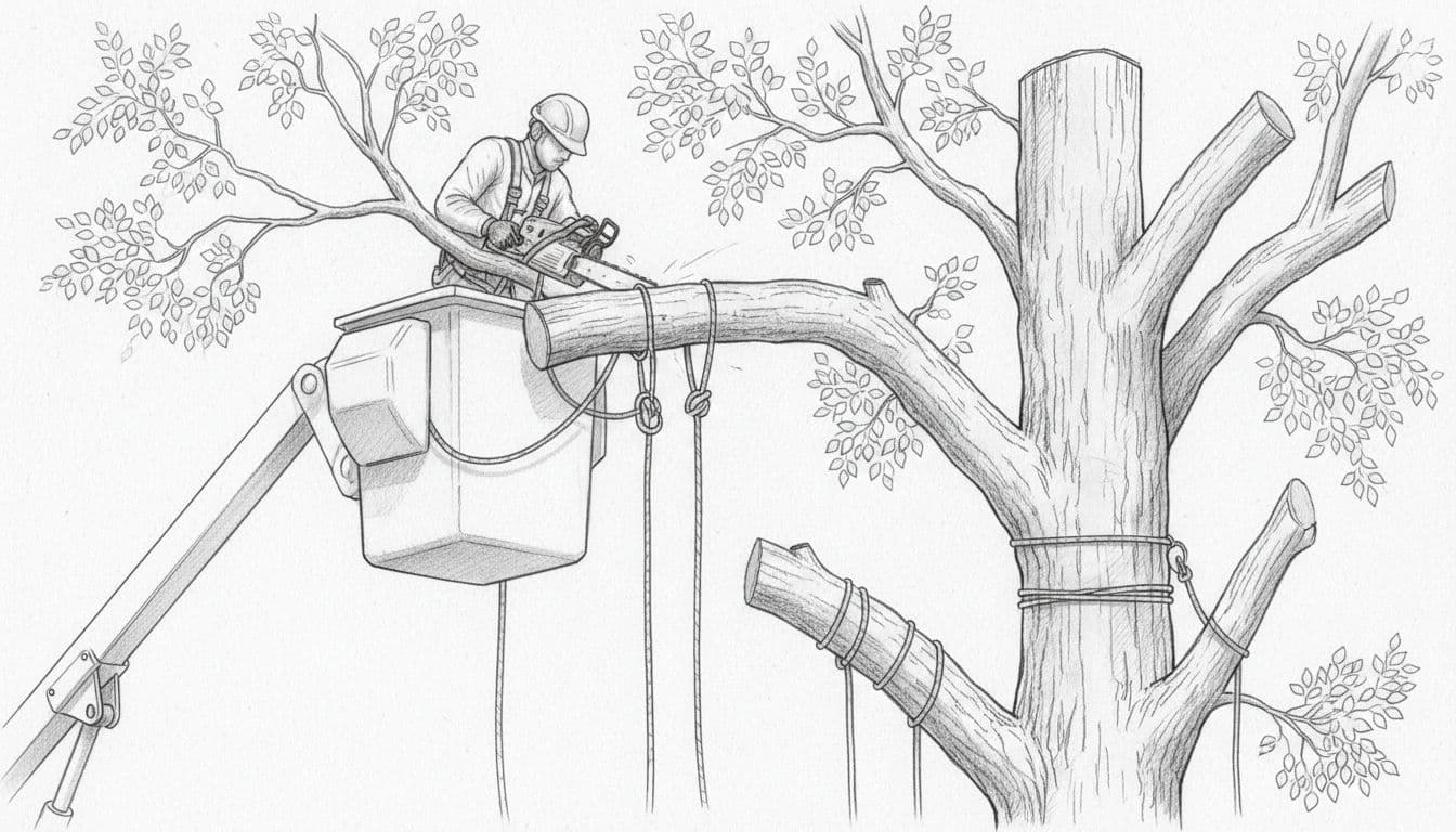 A graphite sketch showing an arborist in a bucket truck cutting a large branch with ropes.