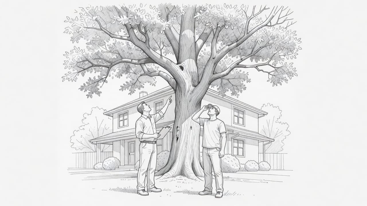 A homeowner and a professional arborist stand on a lawn, looking up at a massive tree canopy near a house. The graphite sketch features precise line work and soft shading throughout.