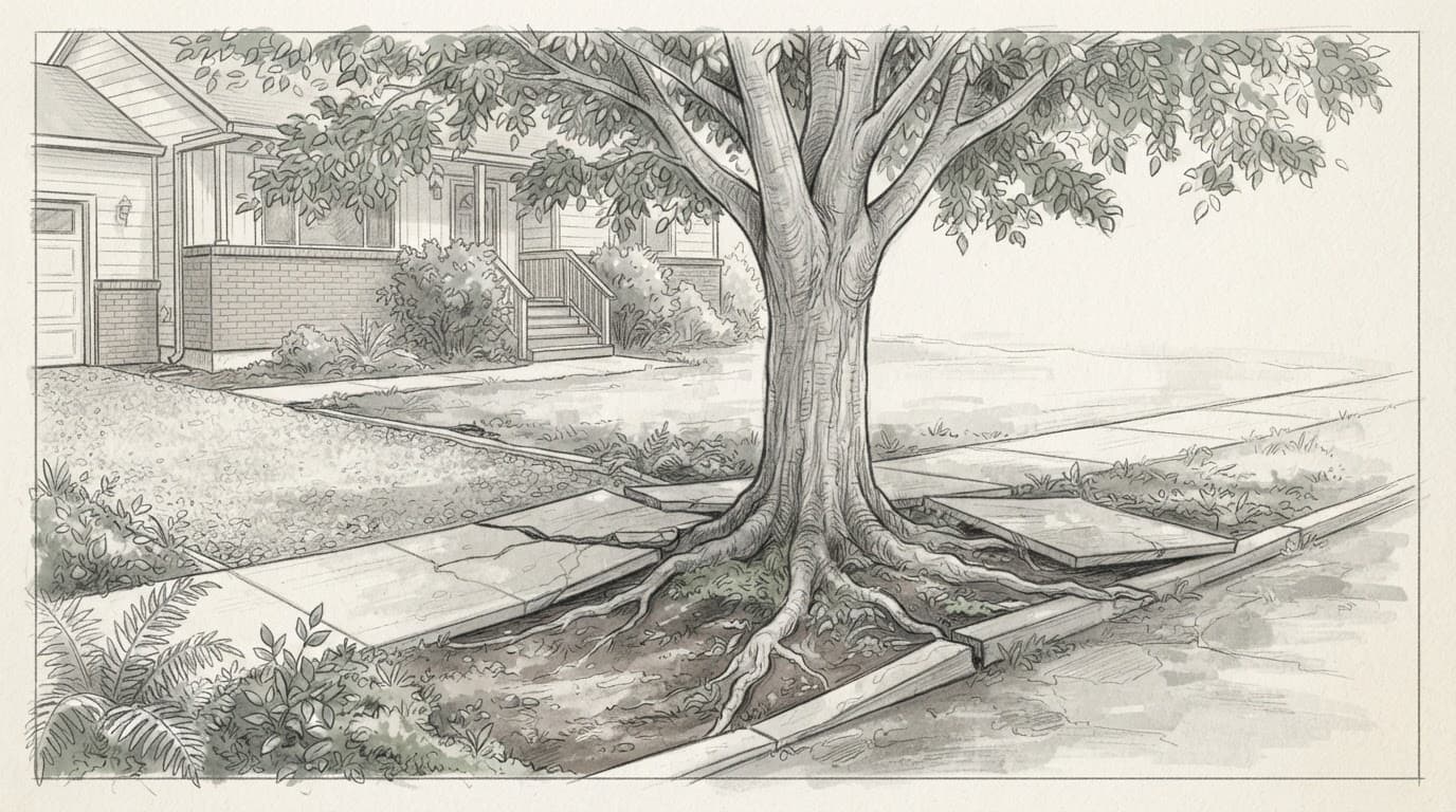 A tree's exposed roots lift cracked sidewalk panels beside a residential driveway.