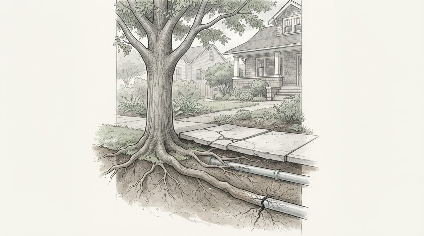 A street tree lifts the sidewalk, with roots extending toward intact and cracked pipes underground.