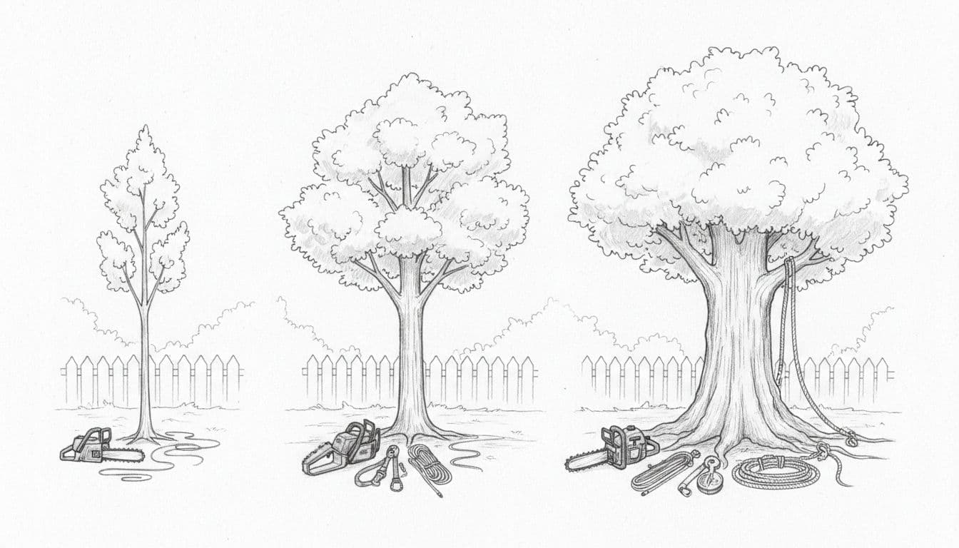 Hand-drawn graphite sketch of three trees in a suburban yard: small 20-foot thin trunk on left, medium 40-foot on center, tall 70-foot thick trunk on right, with chainsaw and ropes for scale.