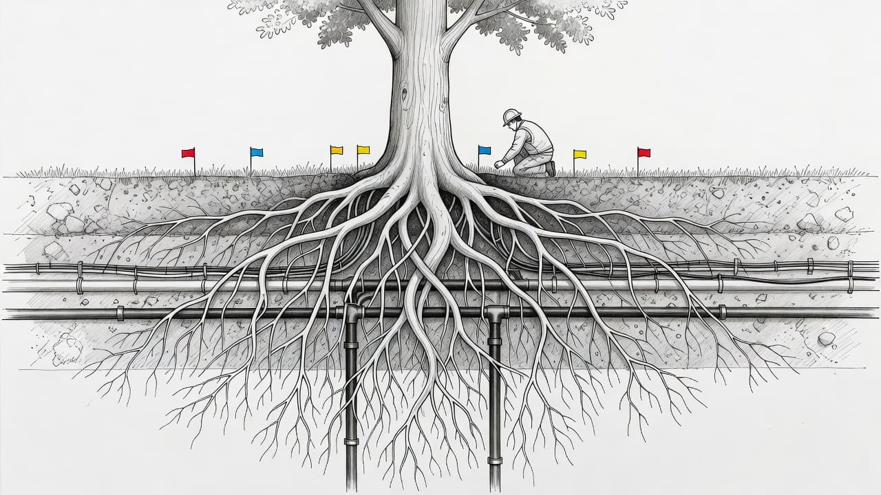 A detailed graphite cross-section sketch displays tree roots entwined with subterranean utility lines. A worker is placing small colored flags in the soil to clearly identify pipe and wire locations.