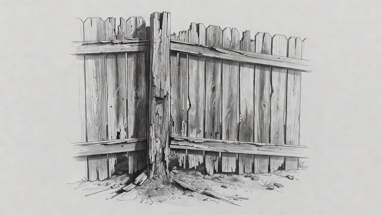 A detailed graphite sketch displays a decaying wooden fence featuring a crumbling, rotted post base and a structural lean. The drawing highlights textured grain patterns across the worn vertical wooden panels.