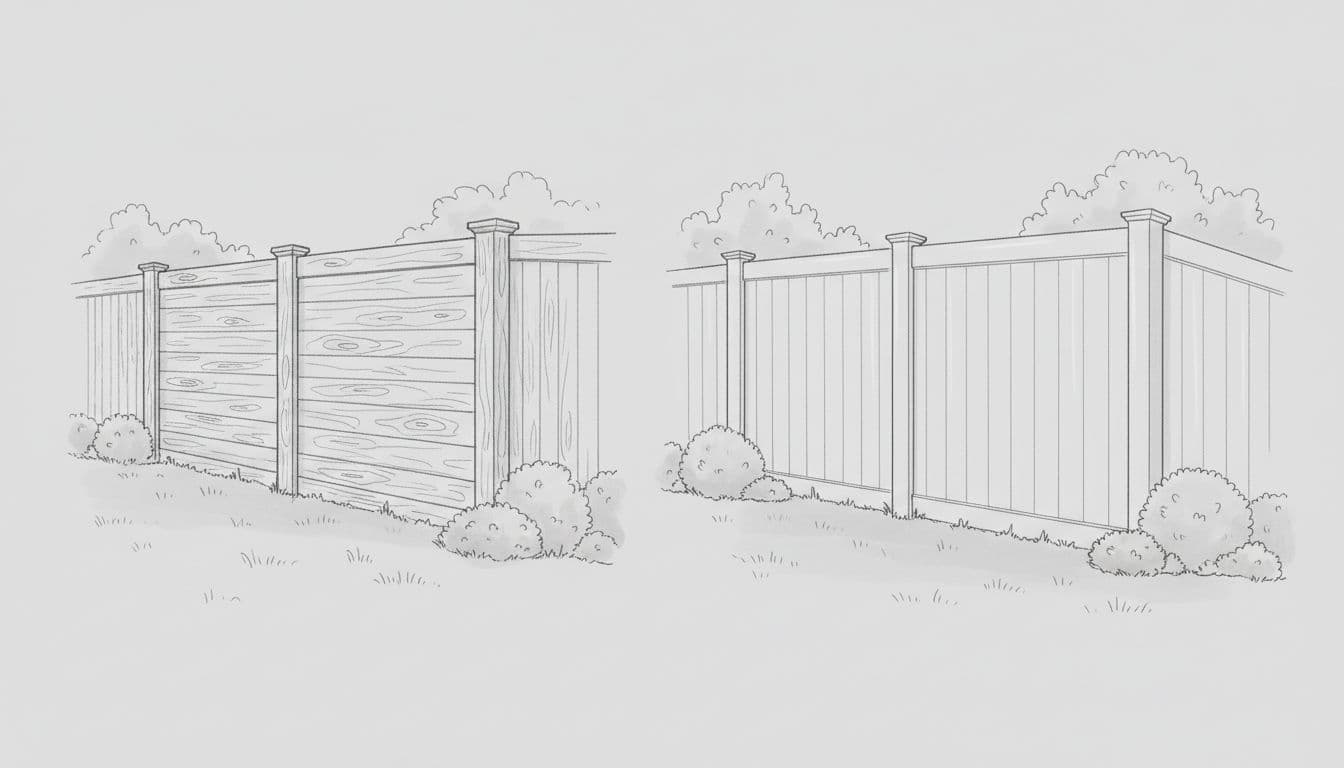 Grayscale hand-drawn sketch comparing a traditional textured wood privacy fence and a sleek uniform vinyl privacy fence side-by-side in a suburban backyard.