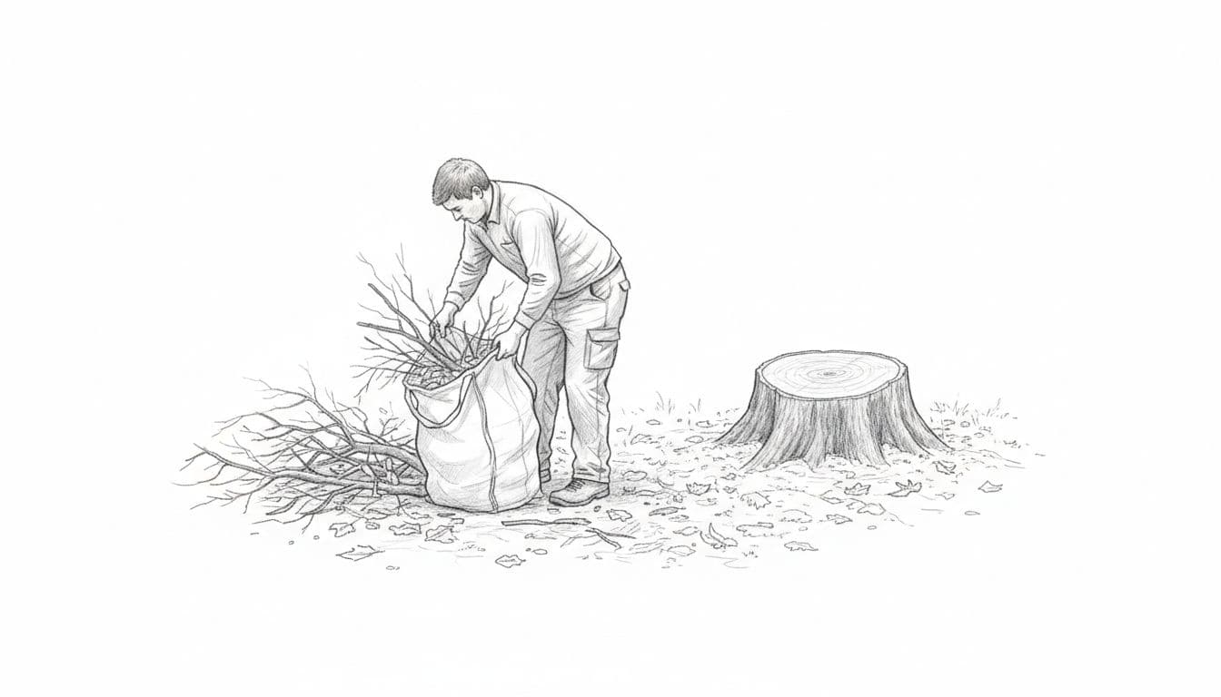 A worker gathers fallen tree branches near a fresh stump in this graphite line sketch.