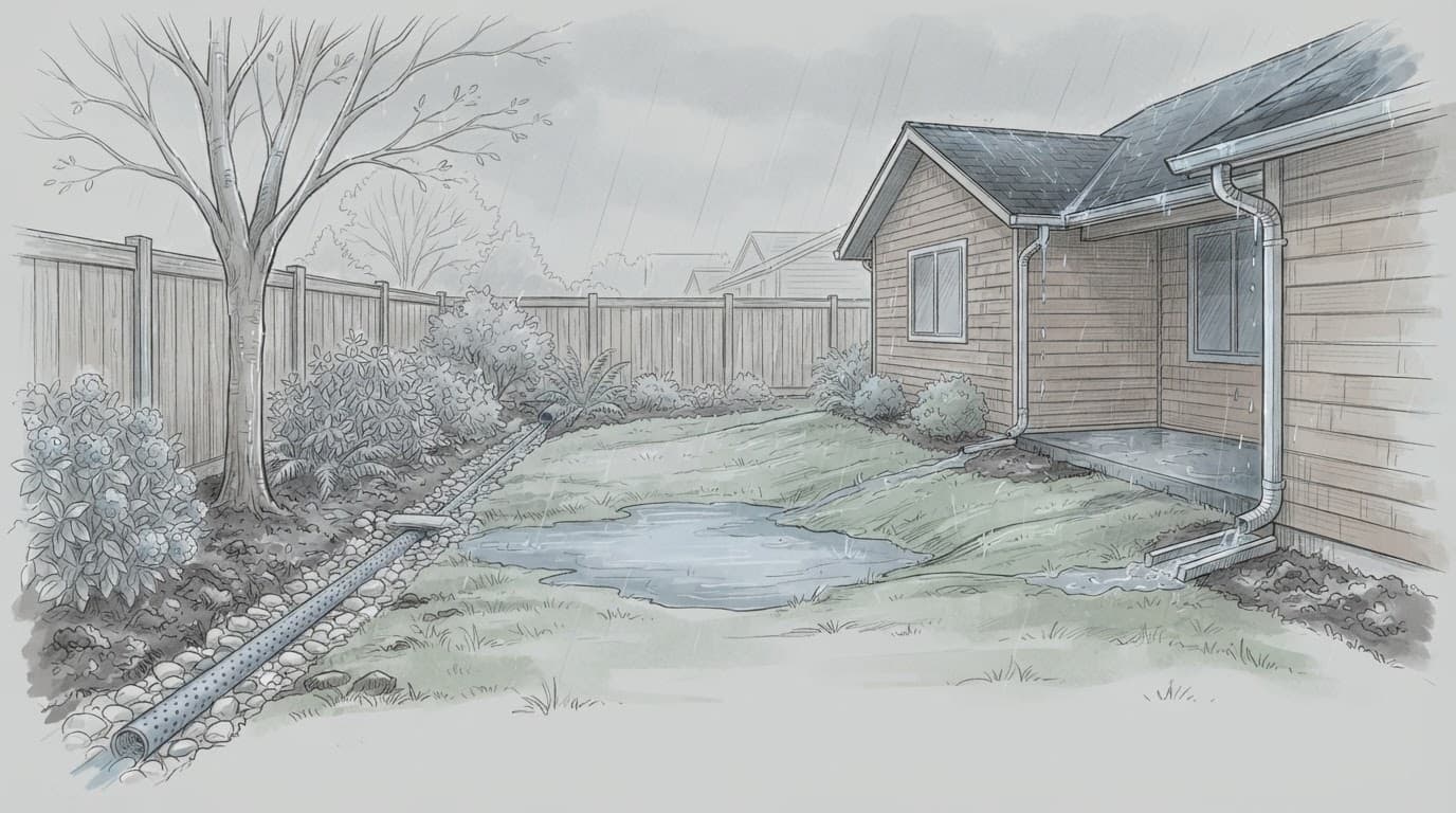 Rainwater collects in a lawn low spot beside a home's downspout and French drain.