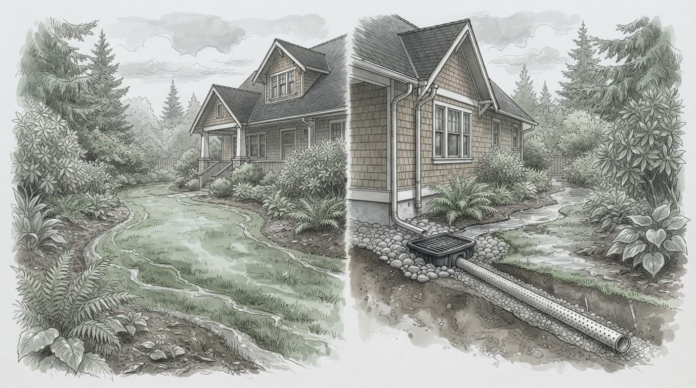 A damp yard shows lawn grading and a French drain beside one house.