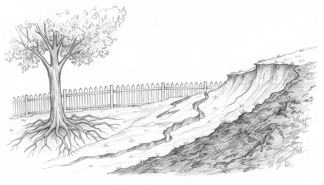 Hand-drawn graphite sketch on white background showing yard erosion after rain: soil washed away revealing tree roots, downhill ruts, patchy grass, and mulch piled near fence.