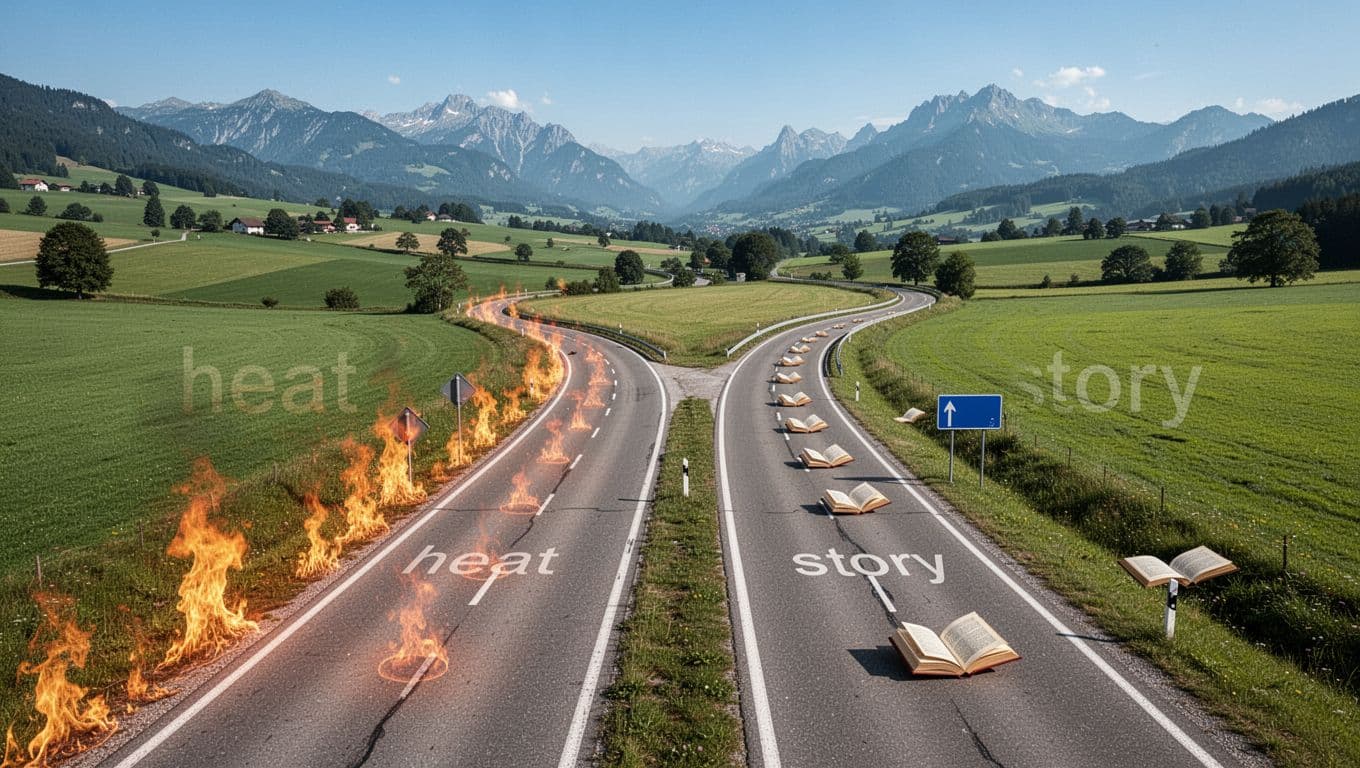 Photorealistic cinematic landscape from above of a winding country road splitting into 'heat' lane with flame icons and 'story' lane with book icons, surrounded by lush green fields, distant mountains, and clear blue sky.