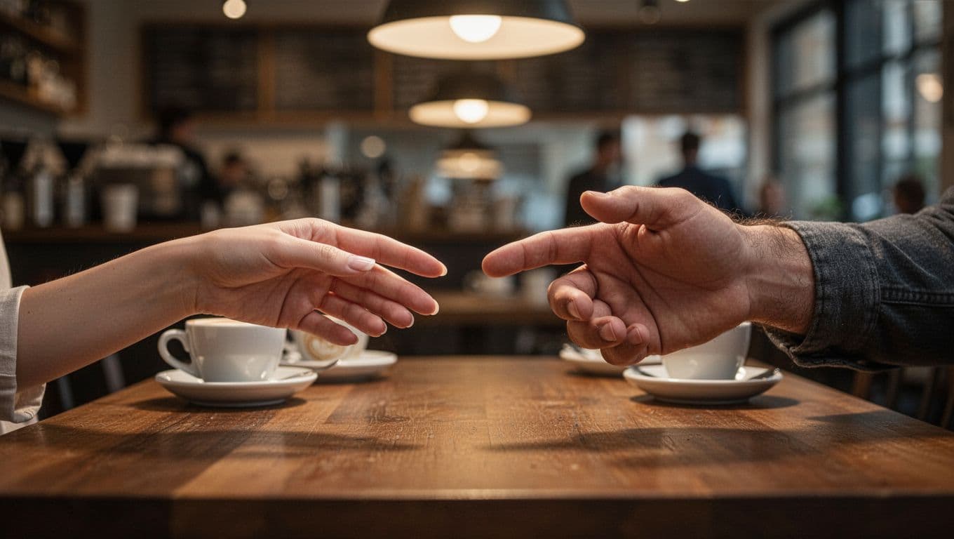 Hyperrealistic close-up of feminine and masculine hands nearly touching fingertips across a wooden cafe table, soft warm lighting, blurred cafe background with coffee cups.