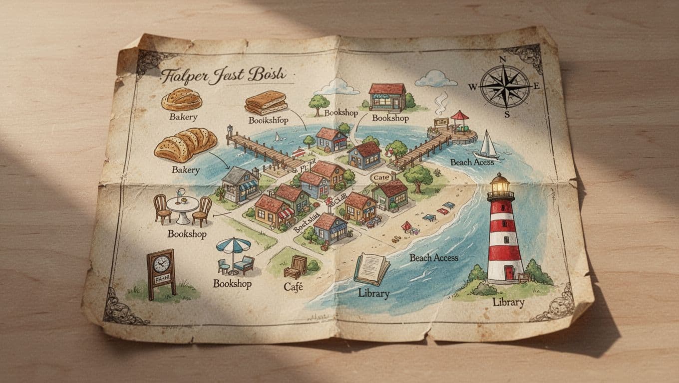 Hyperrealistic top-down view of an antique-style paper map of a cozy beach town on a light wooden table, featuring labeled landmarks like bakery, pier, lighthouse with icons, worn edges, and compass rose under natural daylight.