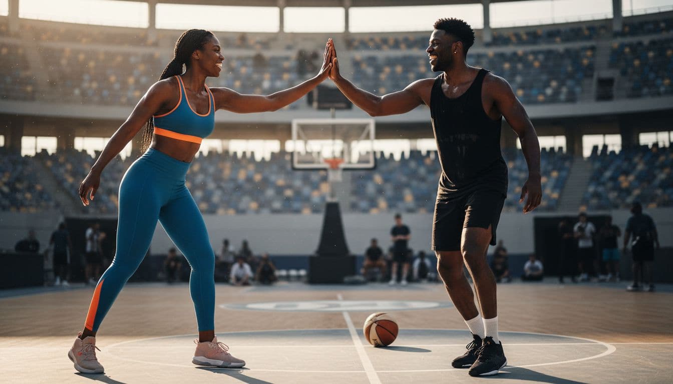 An athletic Black woman in sportswear high-fives a handsome Black man on a sunny basketball court after a game, sweat glistening, big grins showing playful rivalry turning to attraction. Stadium seats blurred in background.