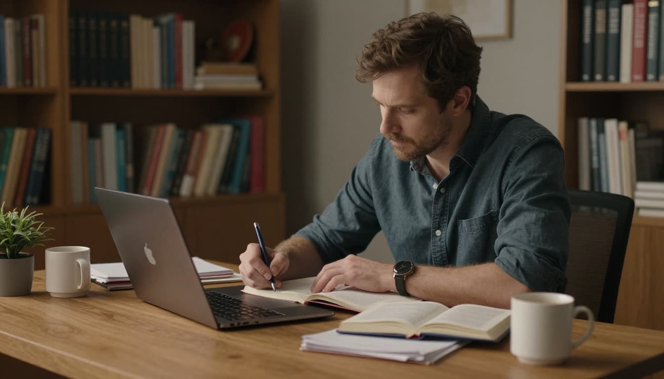Hyperrealistic cinematic image of an author at a wooden desk typing a book blurb on a laptop, surrounded by notes, coffee, and bookshelves in a cozy home office with an inspiring mood.