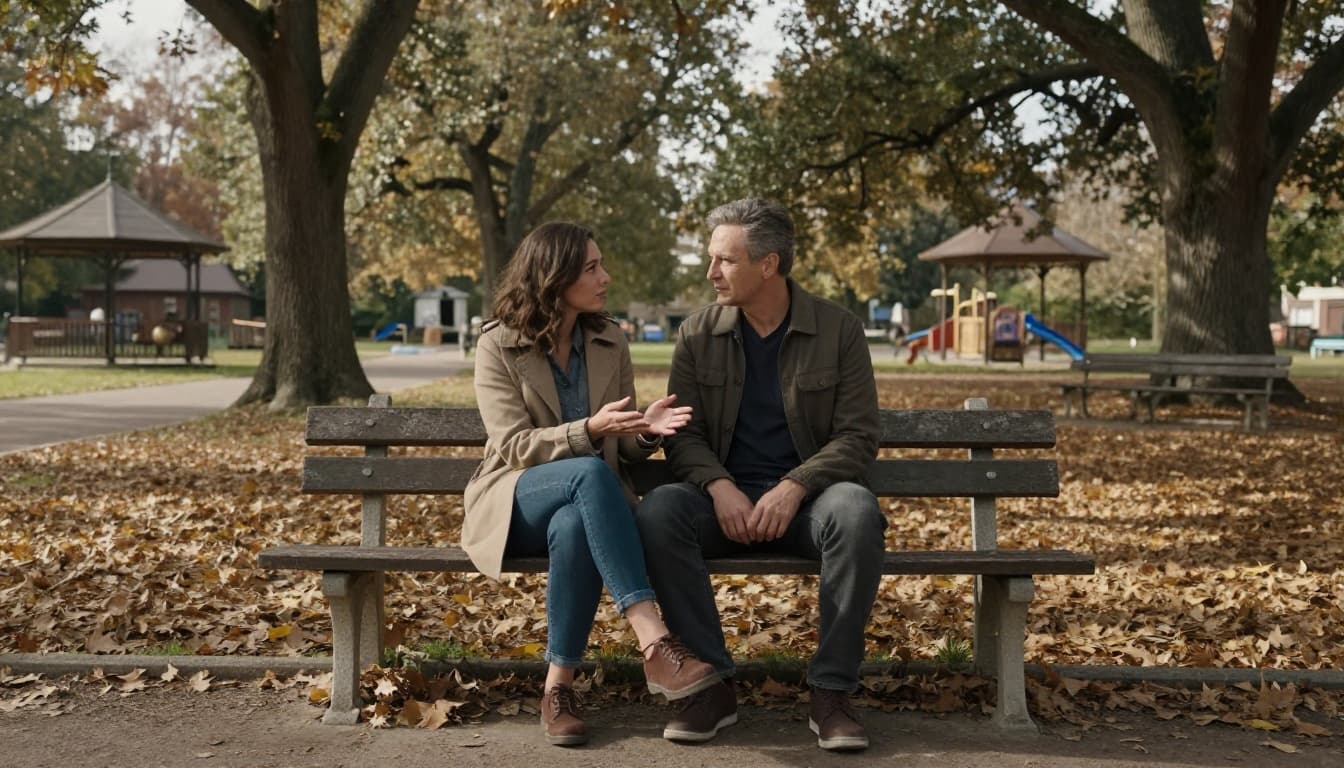 A couple in their mid-thirties sits side by side on a weathered wooden park bench in a serene small-town park, engaged in a deep heartfelt conversation amid autumn leaves and soft sunlight.
