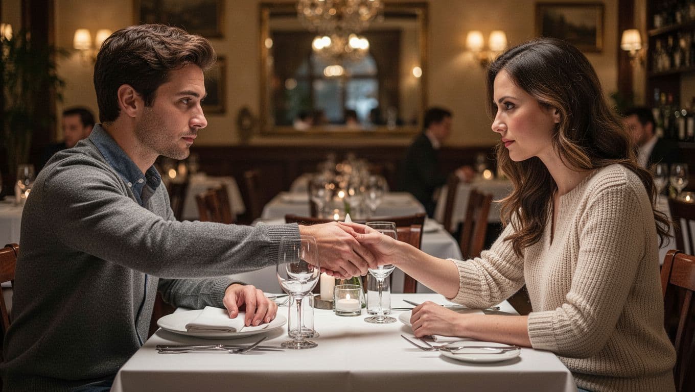A hyperrealistic image of a couple at a cozy restaurant dinner table, with one partner reaching for the other's hand too soon, capturing the awkward timing in soft lighting.