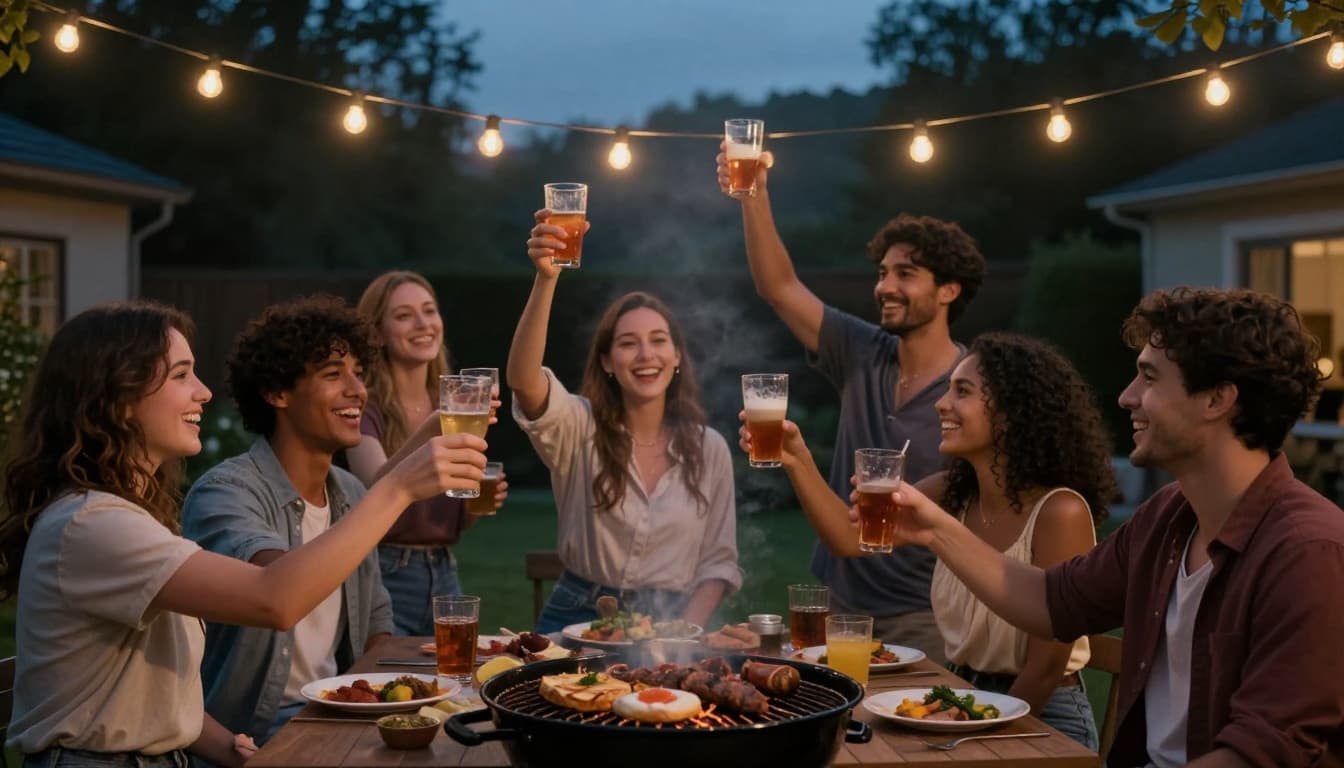 Hyperrealistic cinematic image of a mixed group of coworkers in matching aprons closing up a cozy cafe at night, laughing while stacking chairs, warm lights glowing, rain outside the window, a feeling of camaraderie and relief.
