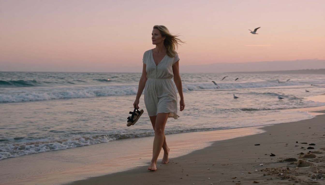 Hyperrealistic photorealistic image of a woman in her 40s with windswept blonde hair, wearing a light summer dress and holding black sandals, walking barefoot on wet sand at a serene beach during golden hour dawn.