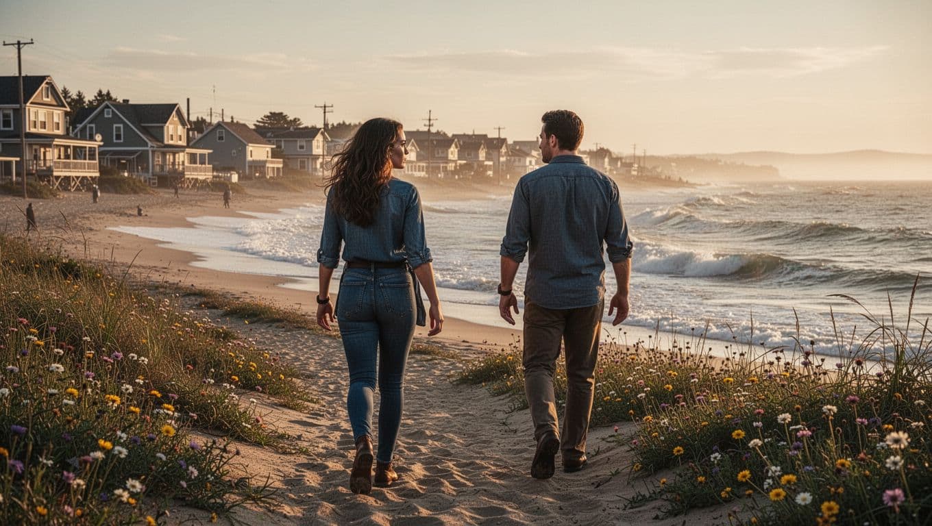 Hyperrealistic cinematic image of a strong heroine turning from a safe path toward ocean waves, her male counterpart following despite the risk, in a golden hour beach town with sandy paths and wildflowers.