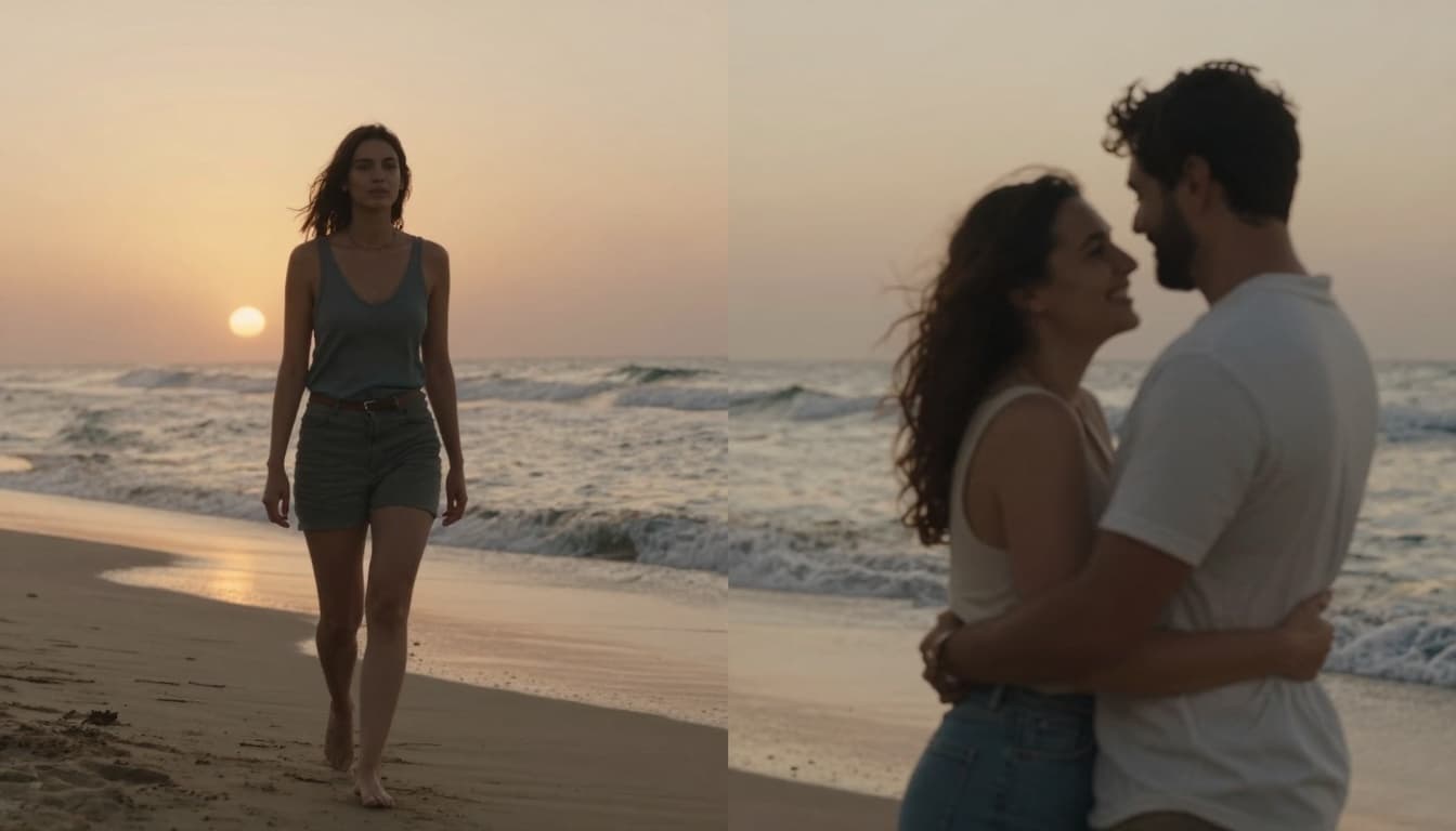 Two side-by-side scenes on a beach at sunset: left shows an empowered, reflective woman walking alone; right depicts a happy couple embracing in love. Hyperrealistic, photorealistic, cinematic style with golden hour lighting, emotional mood, and detailed waves and sand.