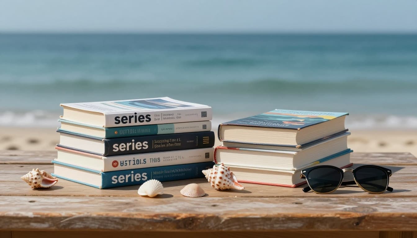 Hyperrealistic photorealistic image of two stacks of books—one series with interconnected covers and standalone novels—on a wooden beachside table, surrounded by seashells and sunglasses, with a blurred ocean horizon under bright midday sun.