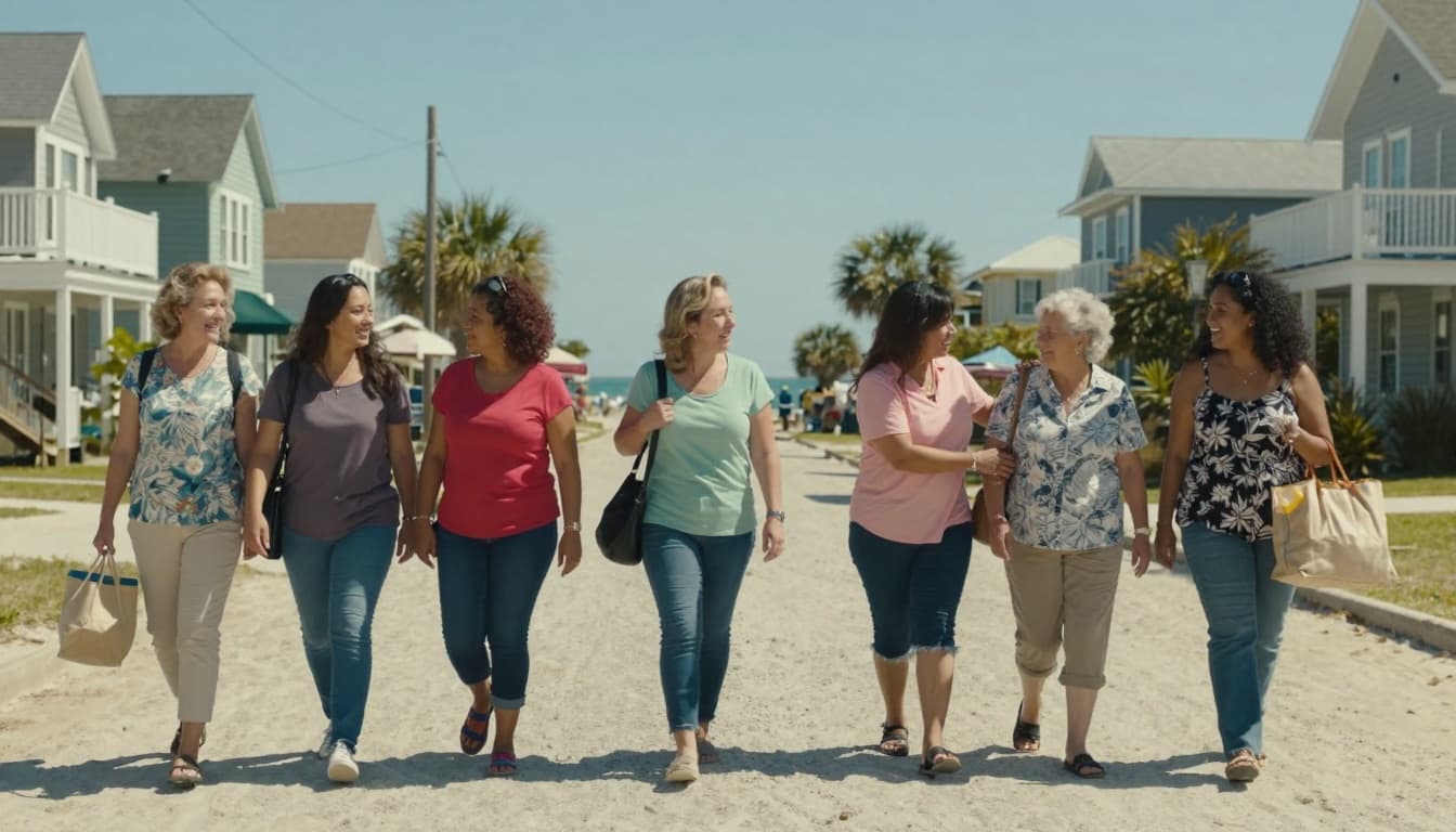 Hyperrealistic cinematic wide-angle view of various women walking along sandy streets in Beachview town on Seabrook Island, chatting helping each other on a sunny day with ocean background and community cottages shops market.