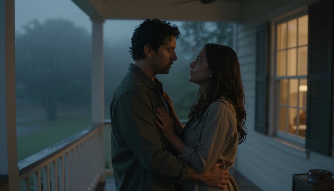 Hyperrealistic cinematic scene of a couple sharing an intimate moment on a rainy evening porch, gazing with mixed emotions of love and uncertainty amid warm interior light and misty background.