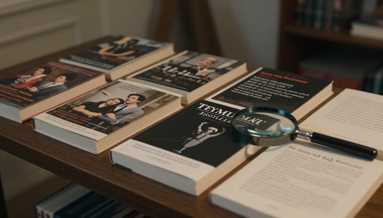 Hyperrealistic cinematic photo of a table in a cozy reading nook with book covers and blurbs, featuring a magnifying glass highlighting genre clues like couple focus versus personal journey.